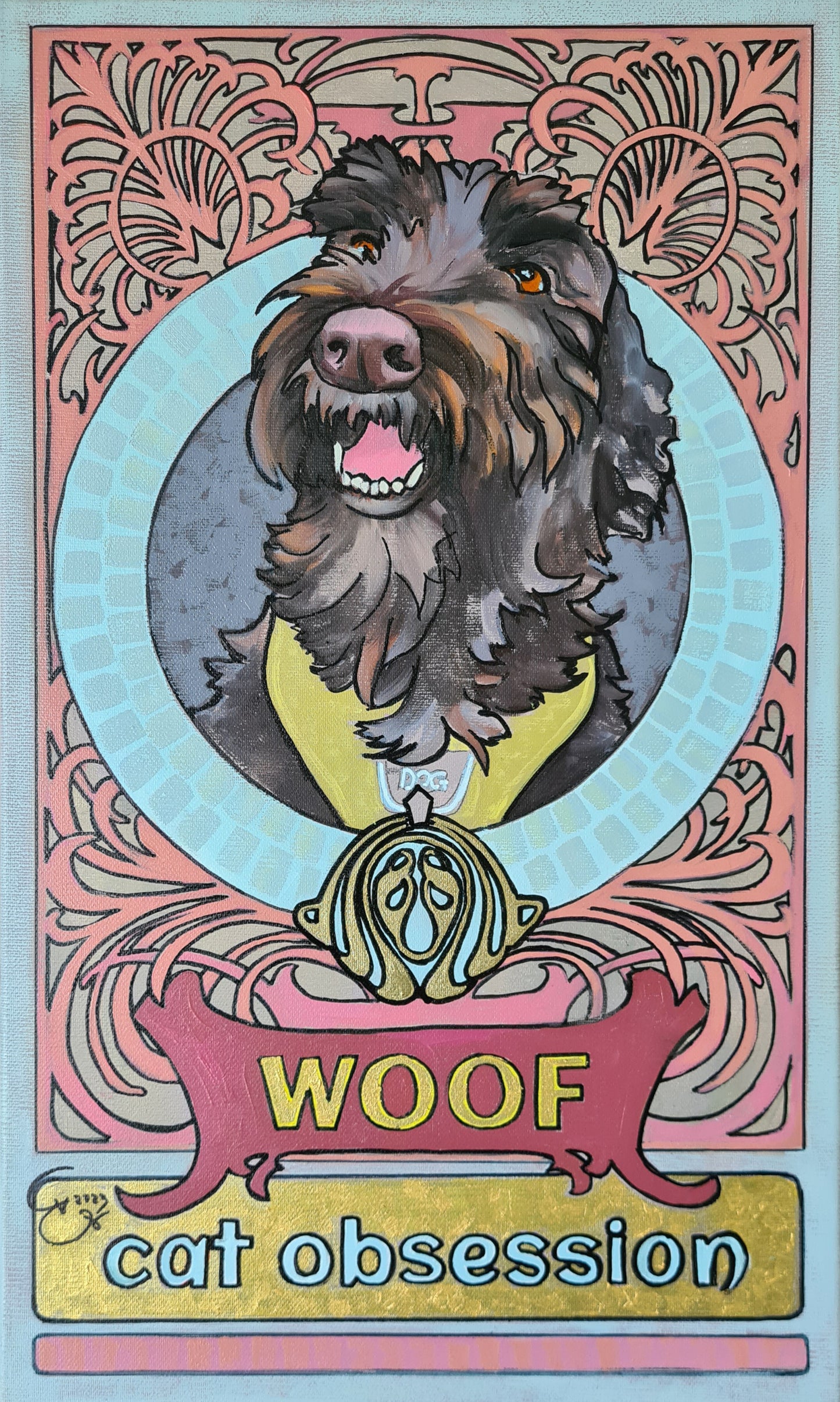 A pet portrait in the Art Nouveau style of Mucha