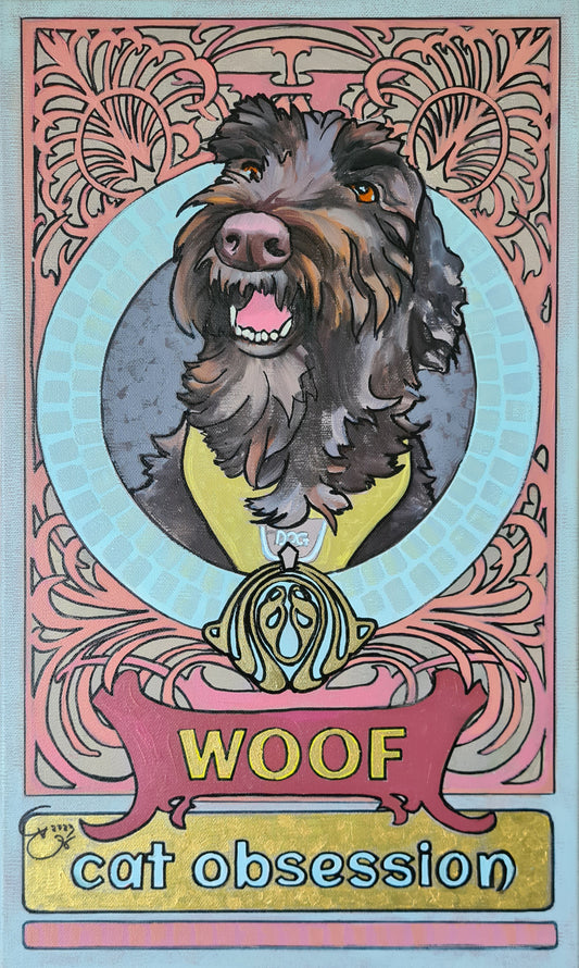 A pet portrait in the Art Nouveau style of Mucha